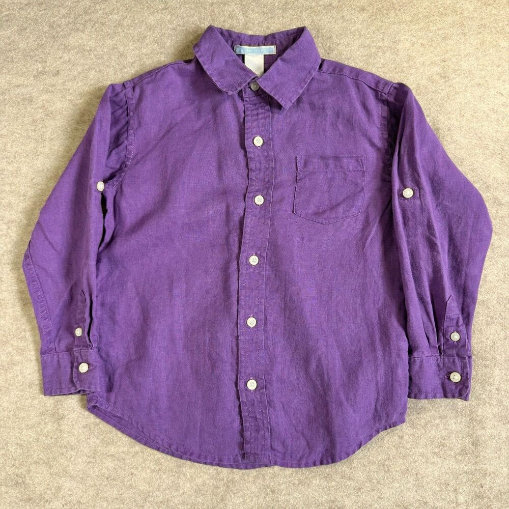 Janie + Jack 100% linen button front shirt girls 4 purple roll tab sleeves